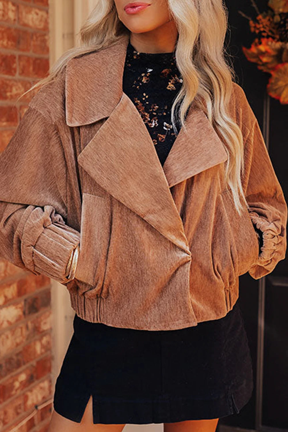 Chestnut Lapel Collar Pocketed Velvet Jacket