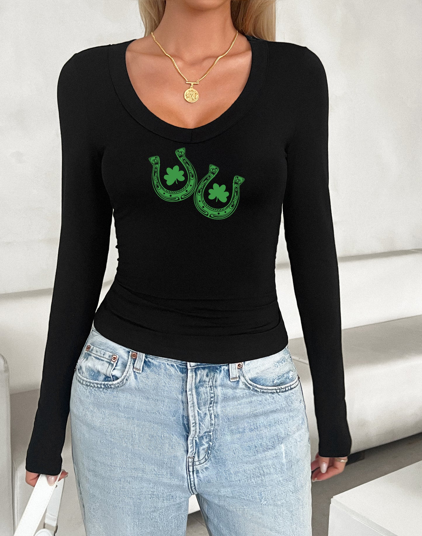 St Patrick’s Day Lucky Clover Fitted U Neck Top