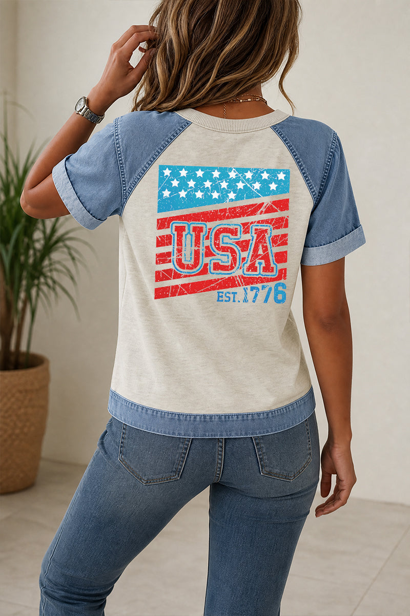 Patriotic Graphic Tee Denim Patchwork USA Flag Top