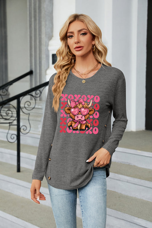 Valentine's Day Cute Pig XOXO Graphic Long Sleeve Top