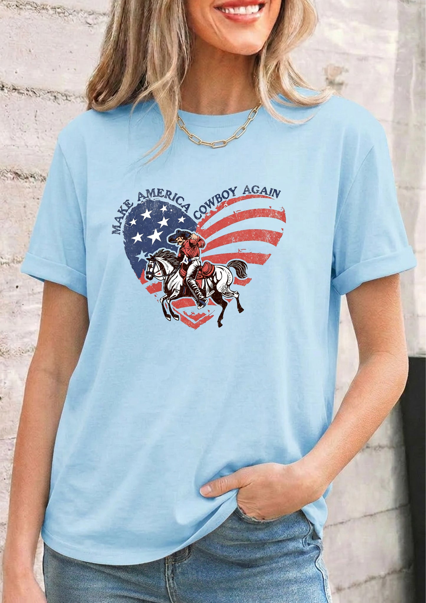 Cowboy America Flag Heart Independence Day Graphic Tee