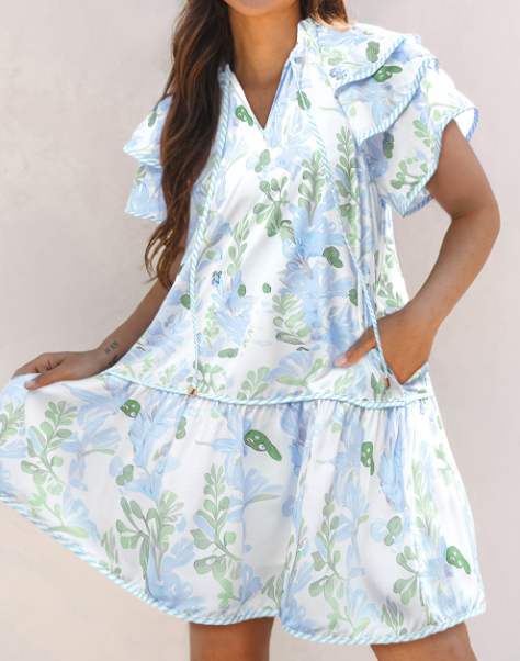 Pink Floral Contrast Edge Layered Short Sleeve Mini Dress