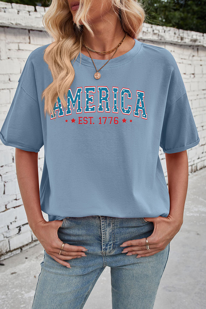 America EST 1776 Print Rayon Tee Oversized Patriotic Top
