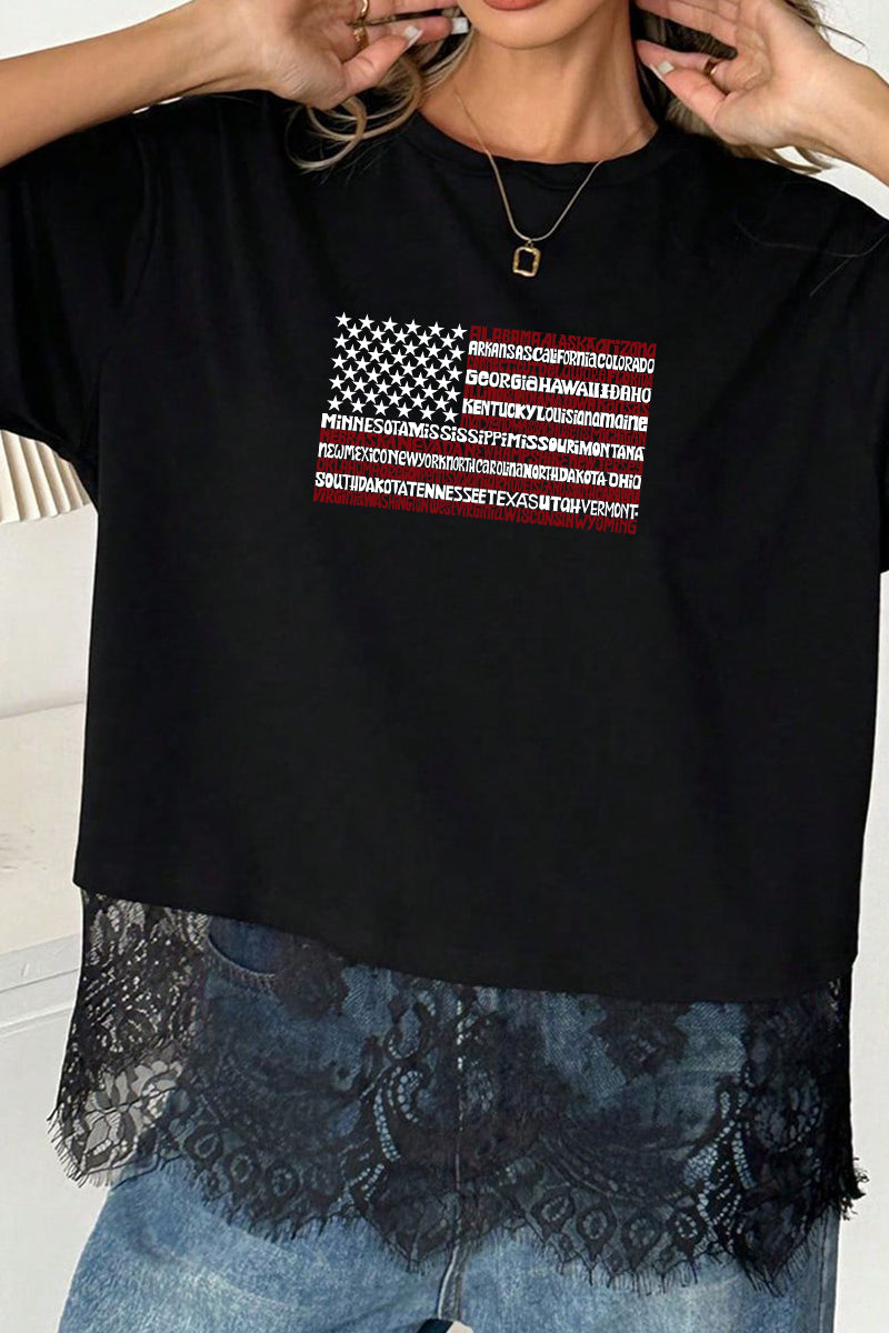 State Names Polyester Tee American Flag Patriotic Top