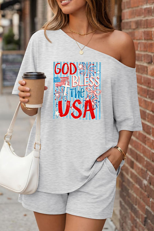 God Bless USA Off Shoulder Short Sleeve Summer Top Set