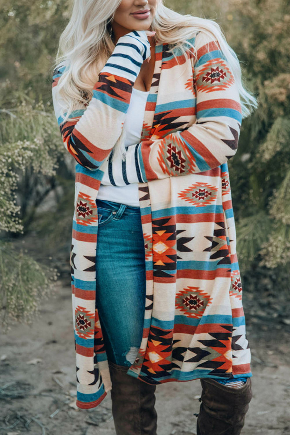 Multicolor Geometric Color Block Open Front Long Cardigan