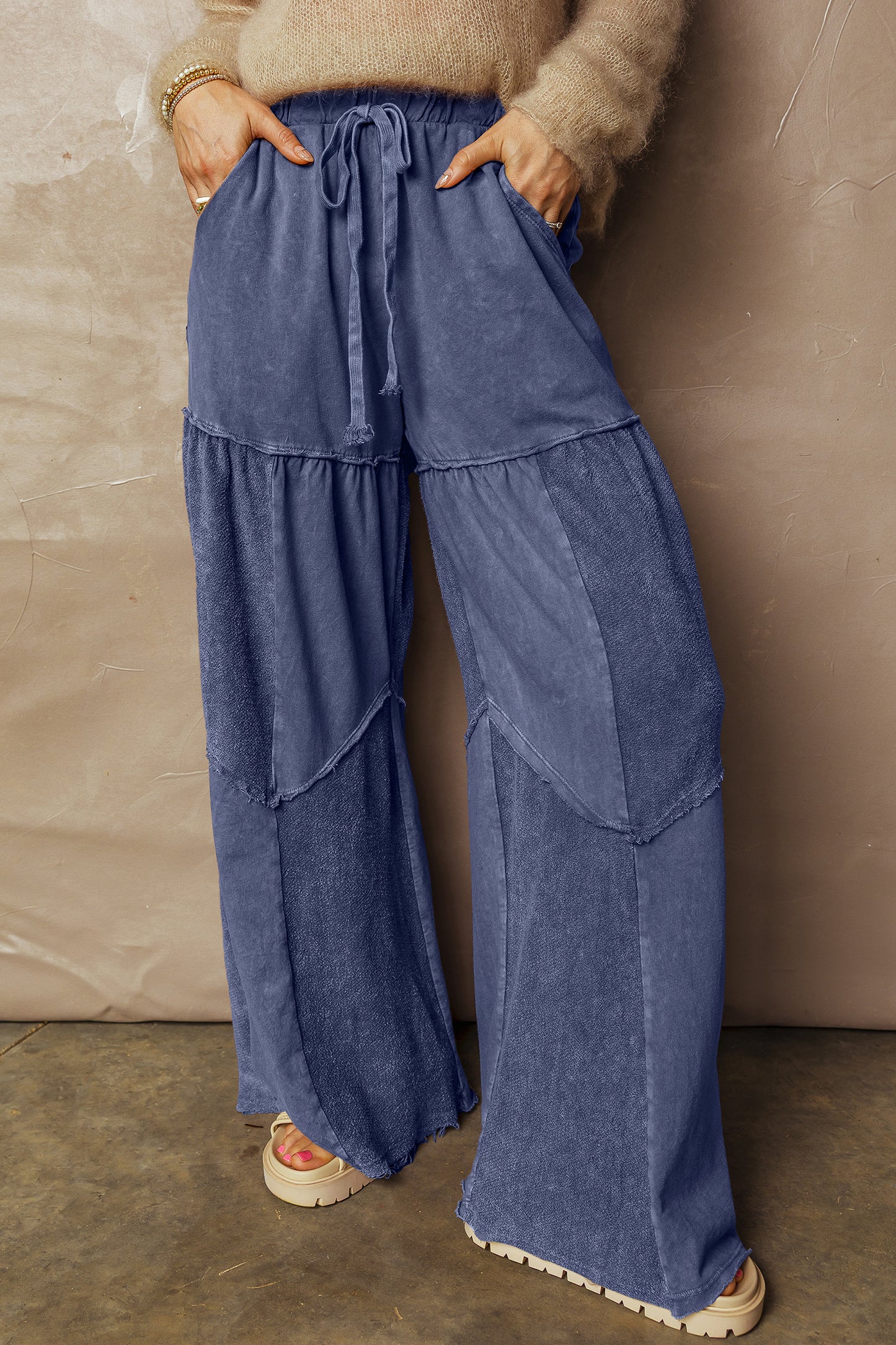 Black Mineral Wash Tiered Wide Leg Patchwork Drawstring Pants