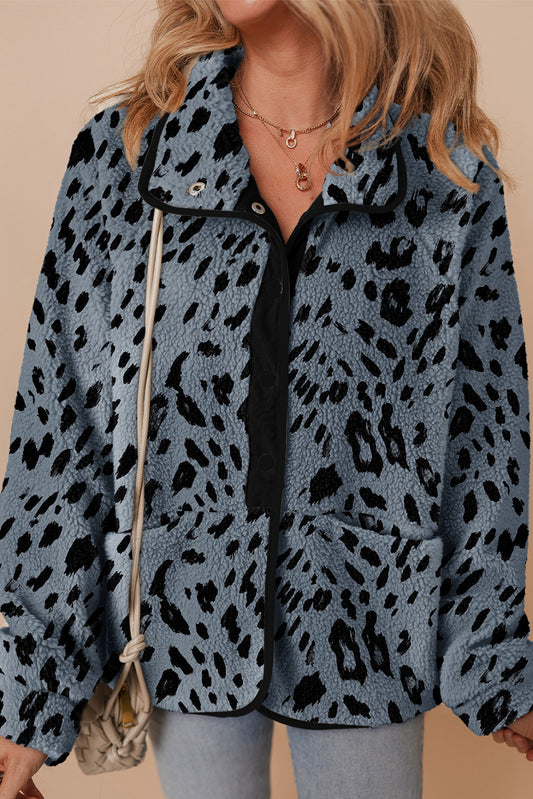 Cow Print Buttoned Stand Collar Fleece Jacket