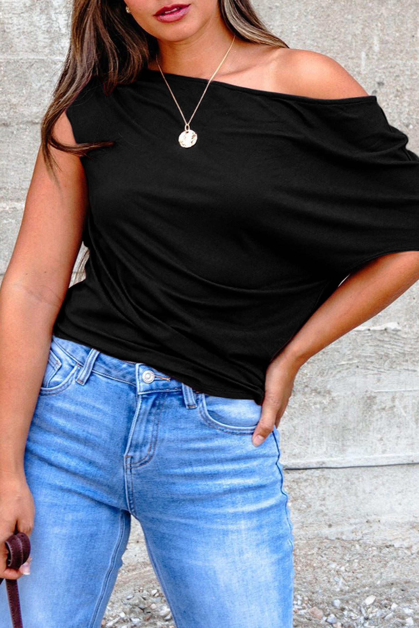 Black Plus Size Solid Color Asymmetric Neck Short Sleeve Blouse