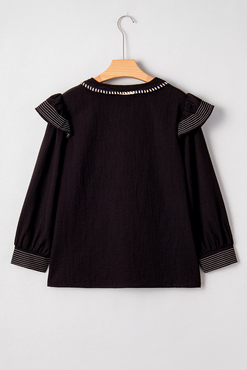 Contrast Stitched Detail V Neck Ruffle Long Sleeve Blouse