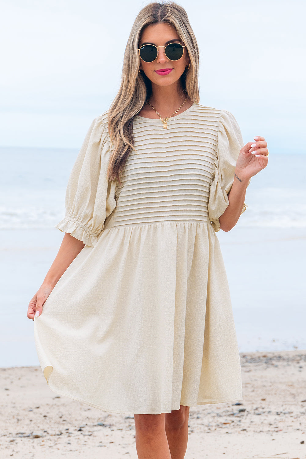 White Textured Ruffled Puff Sleeve Loose Dress