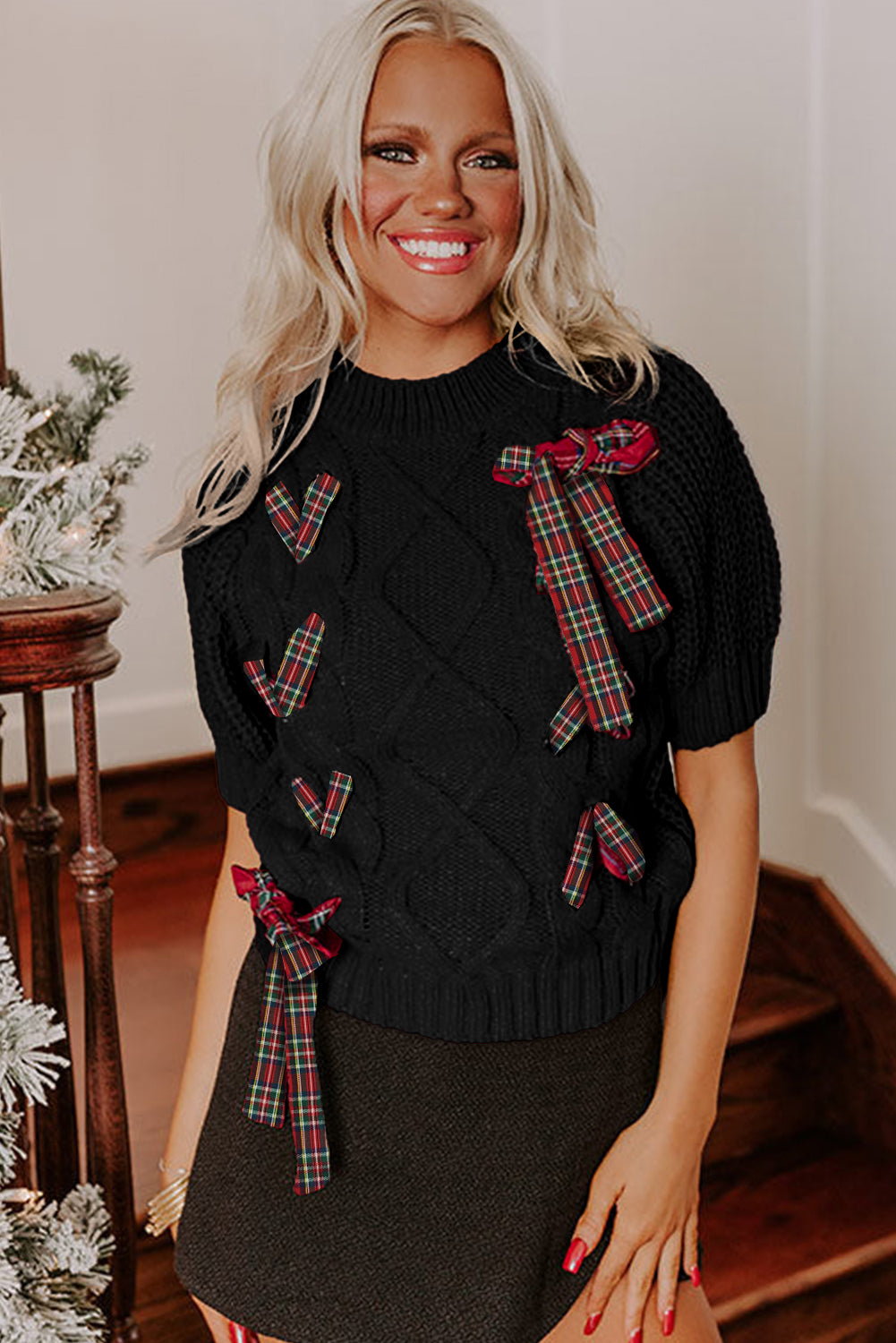 Plaid Lace up Detail Christmas Holiday Puff Short Sleeve Sweater