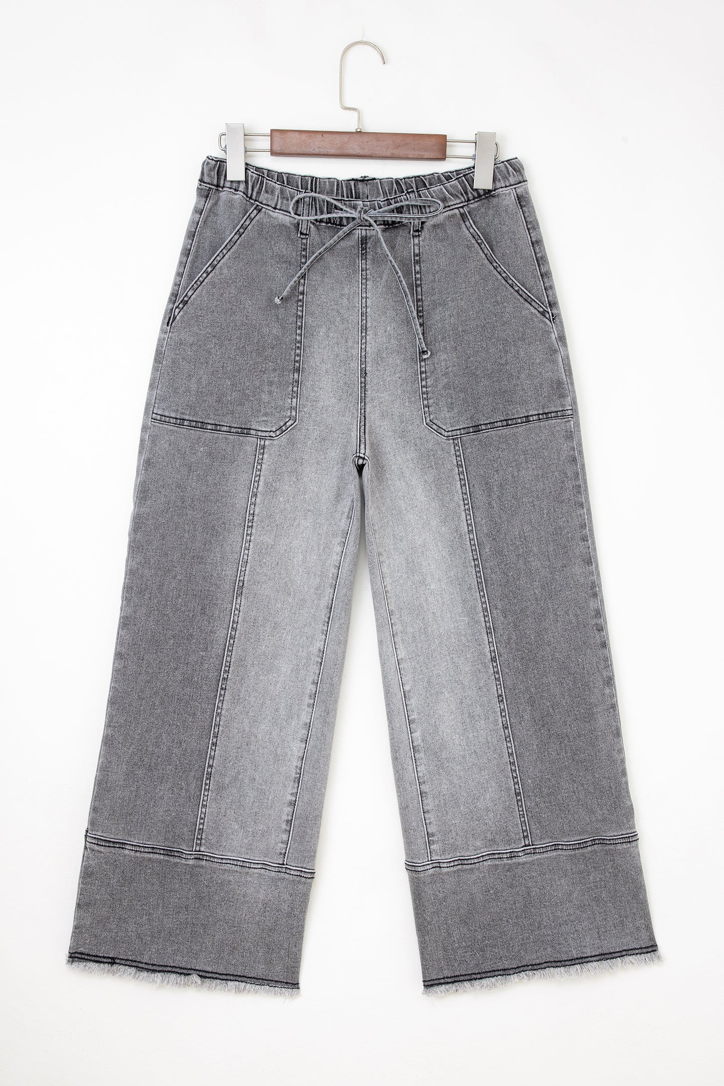 Beau Blue Drawstring Seam Detail Raw Hem Wide Leg Denim Pants