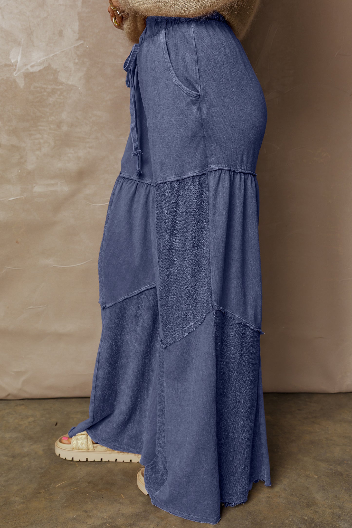 Black Mineral Wash Tiered Wide Leg Patchwork Drawstring Pants