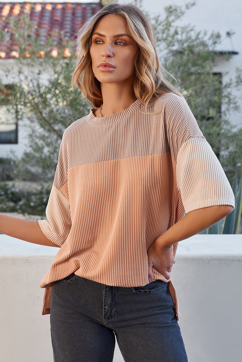 Mint Green Color Block Ribbed Side Slits Half Sleeve Top
