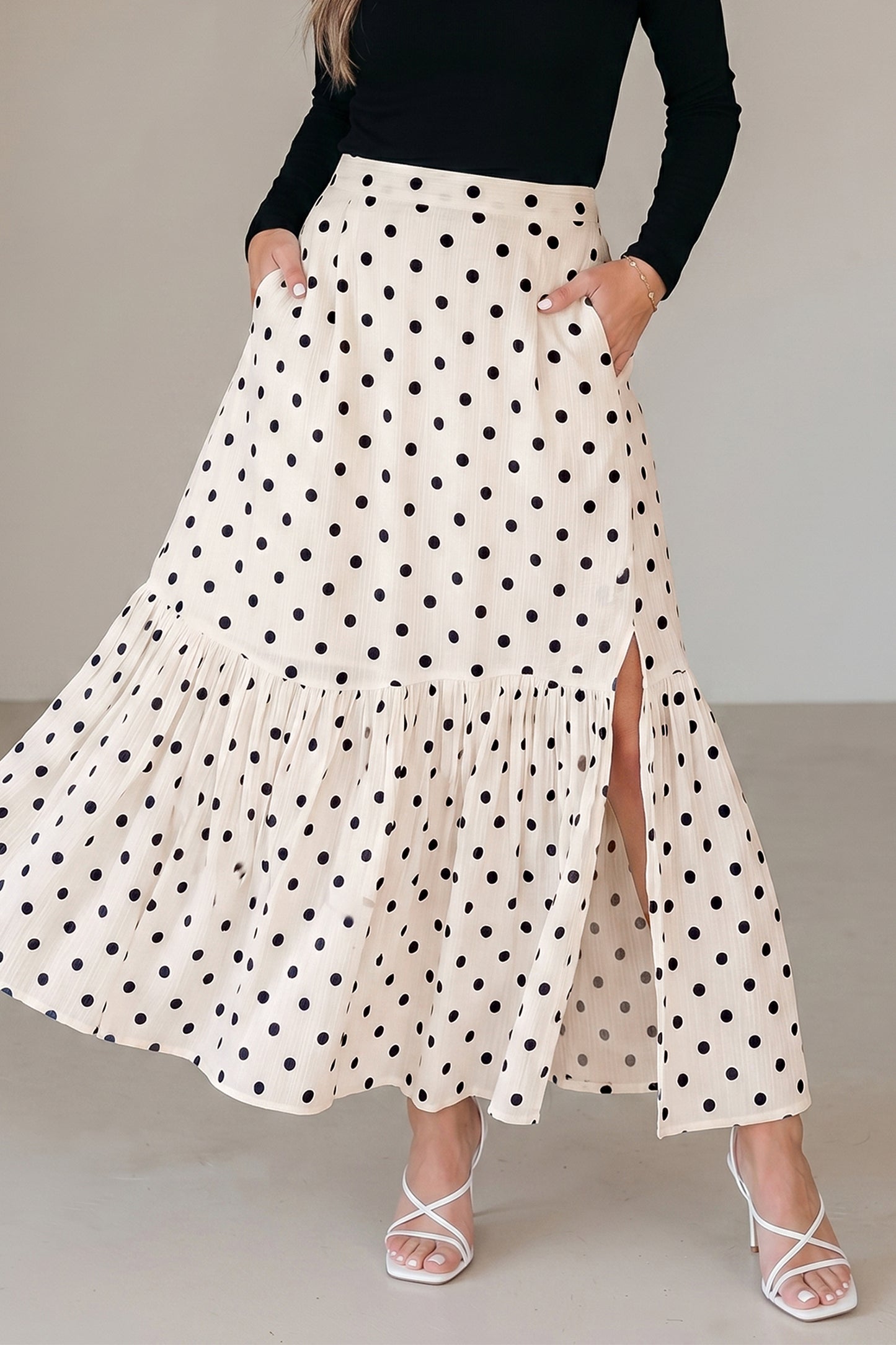 Polka Dot Maxi Skirt Side Slit Vacation Skirt