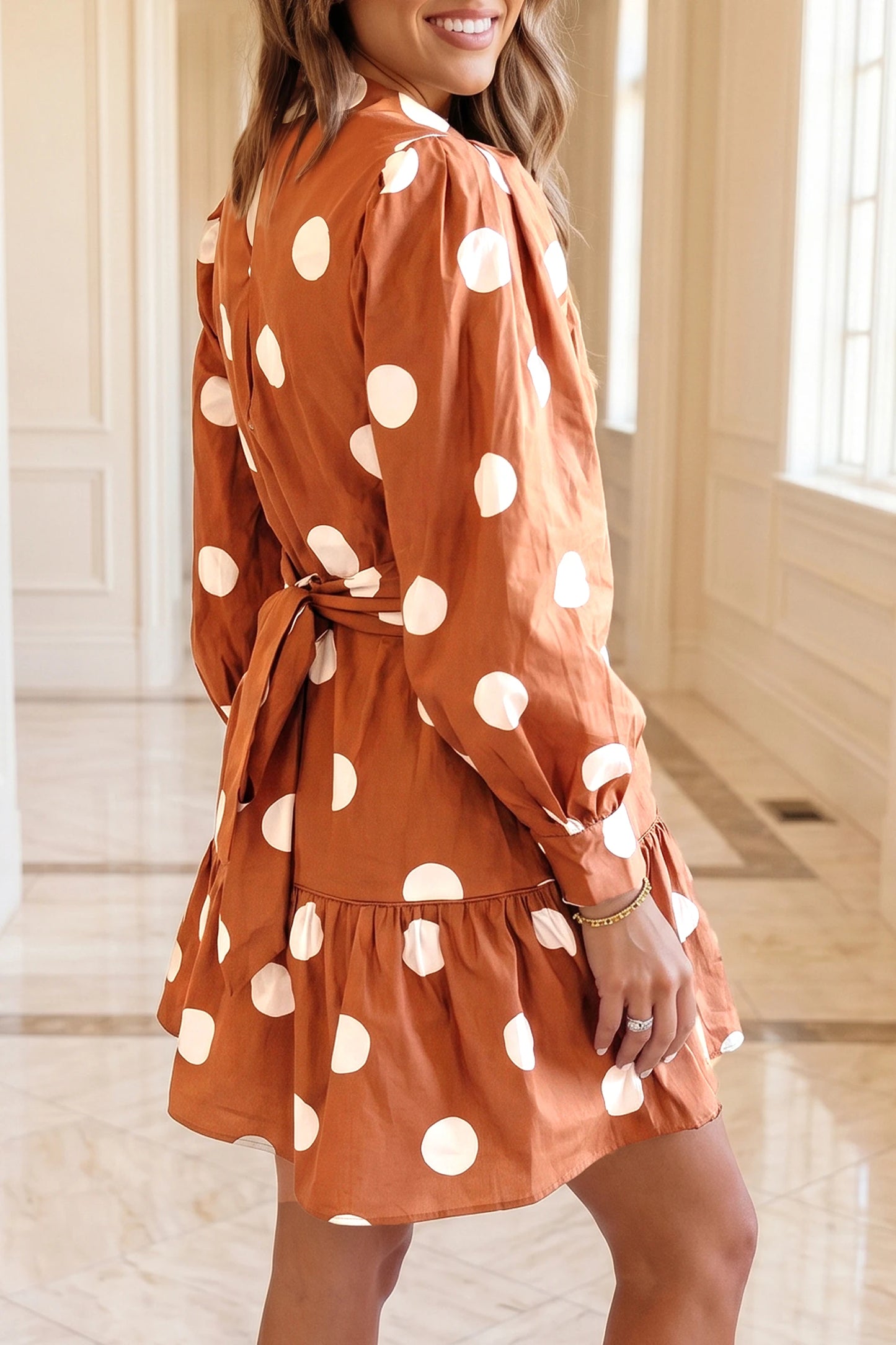 Polka Dot Long Sleeve Tie Waist Casual Shift Mini Dress