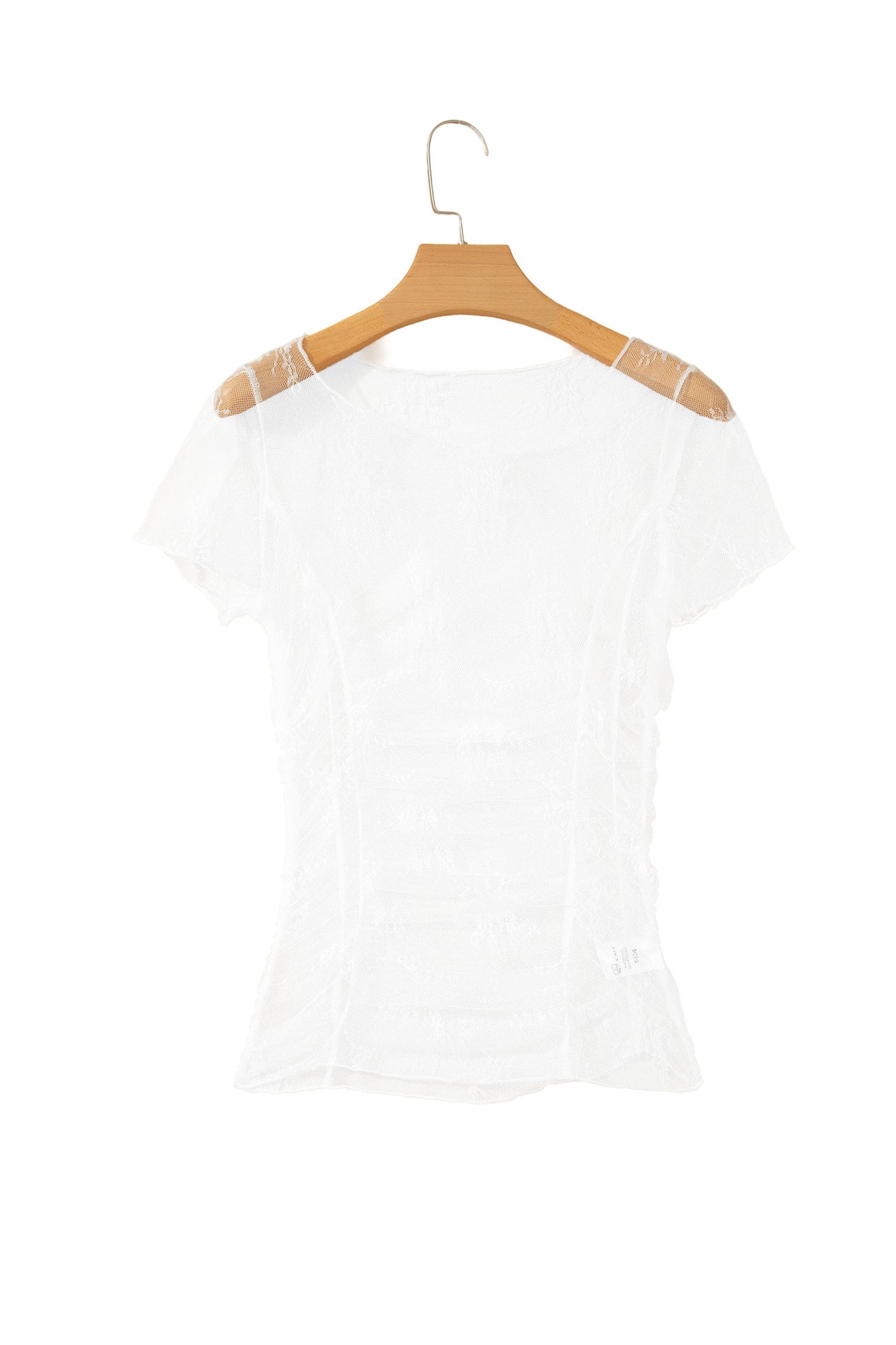 White Exposed Seam Ruched Sheer Floral Mesh Top