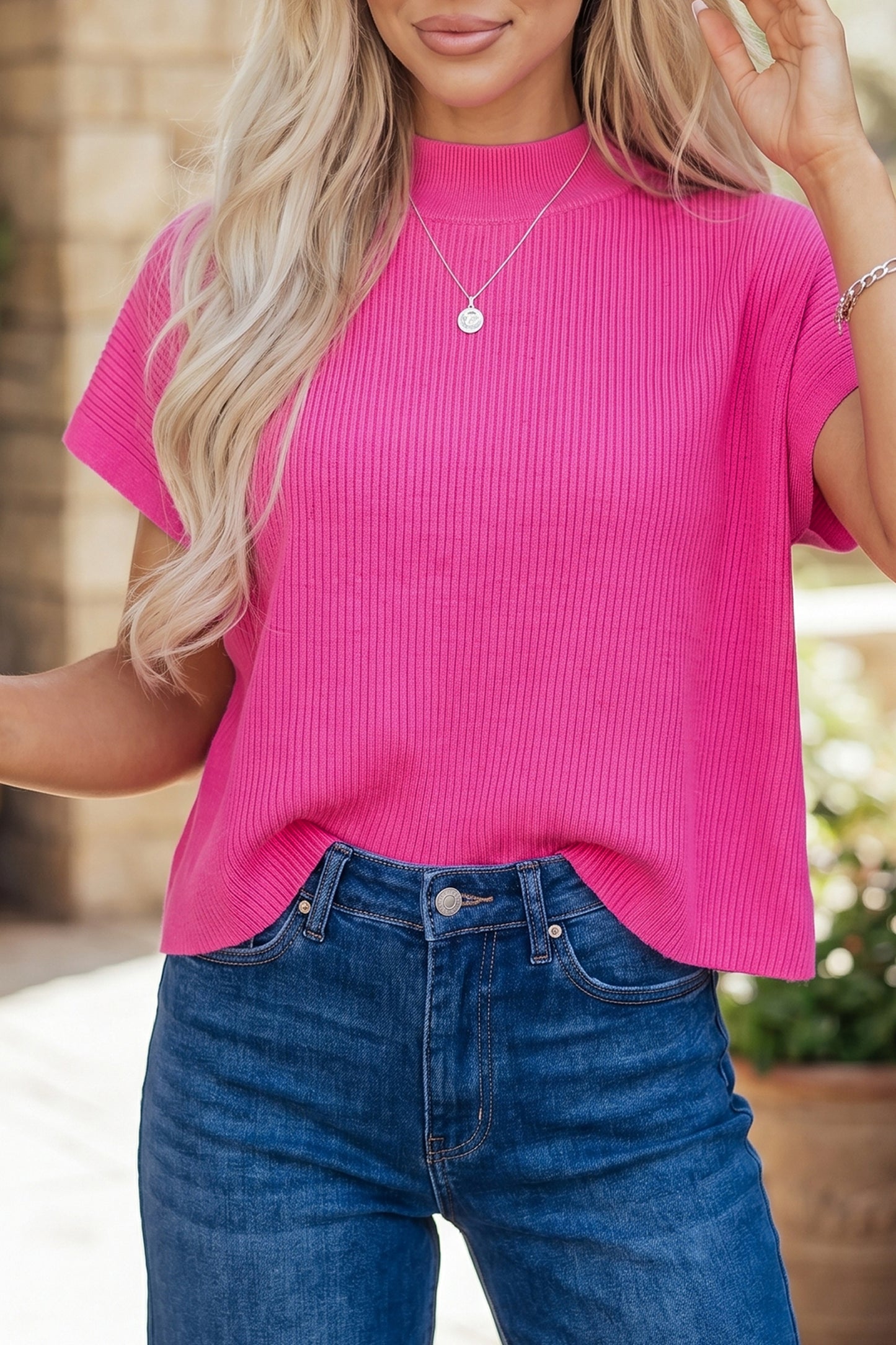 Bright Pink Solid Mock Neck Lace Sleeve Ribbed Knit Sweater