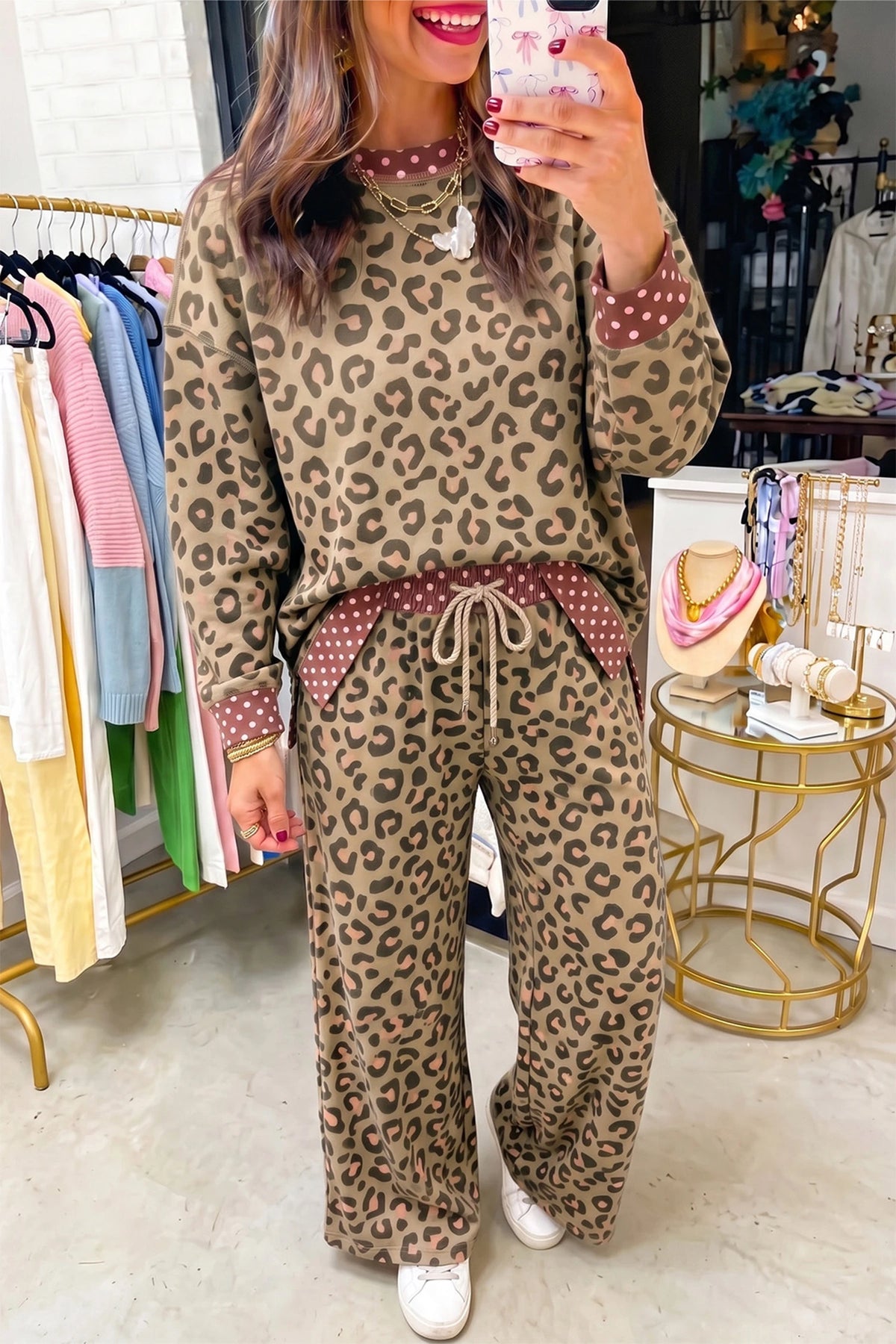 Brown Leopard Polka Dot Two Piece Pants Set