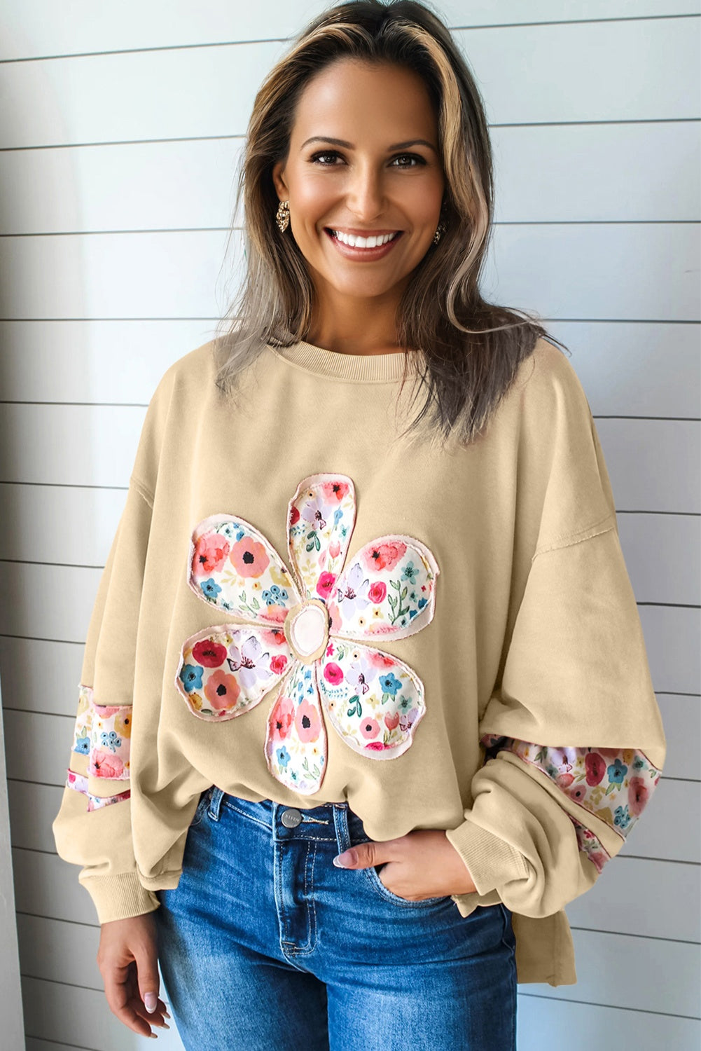 Peach Blossom Floral Applique Baggy Pullover Sweatshirt