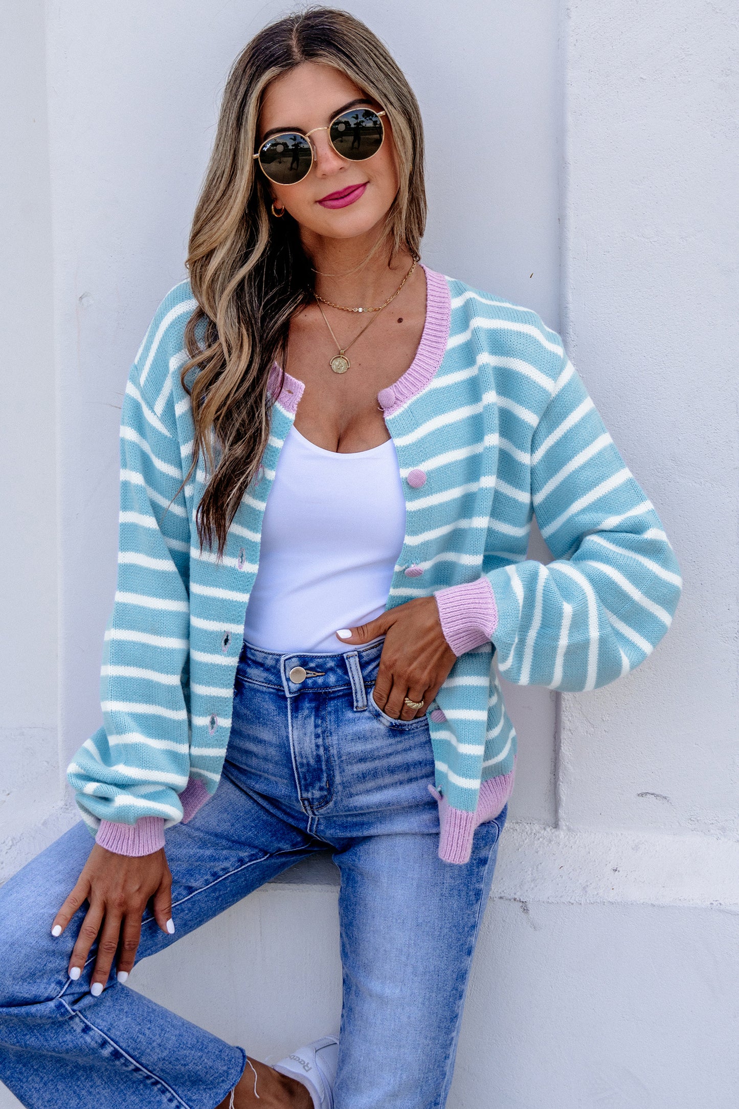 Sky Blue Stripe Contrast Trim Button Down Casual Sweater Cardigan