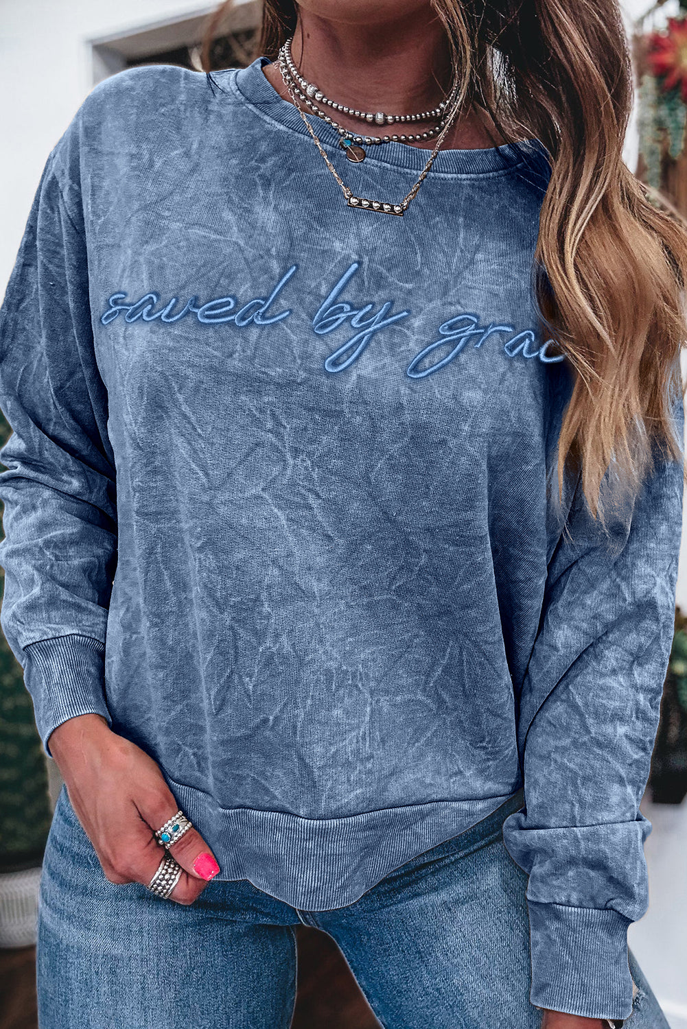 Saved by grace Letter Embroidery Mineral Wash Loose Sweatshirt