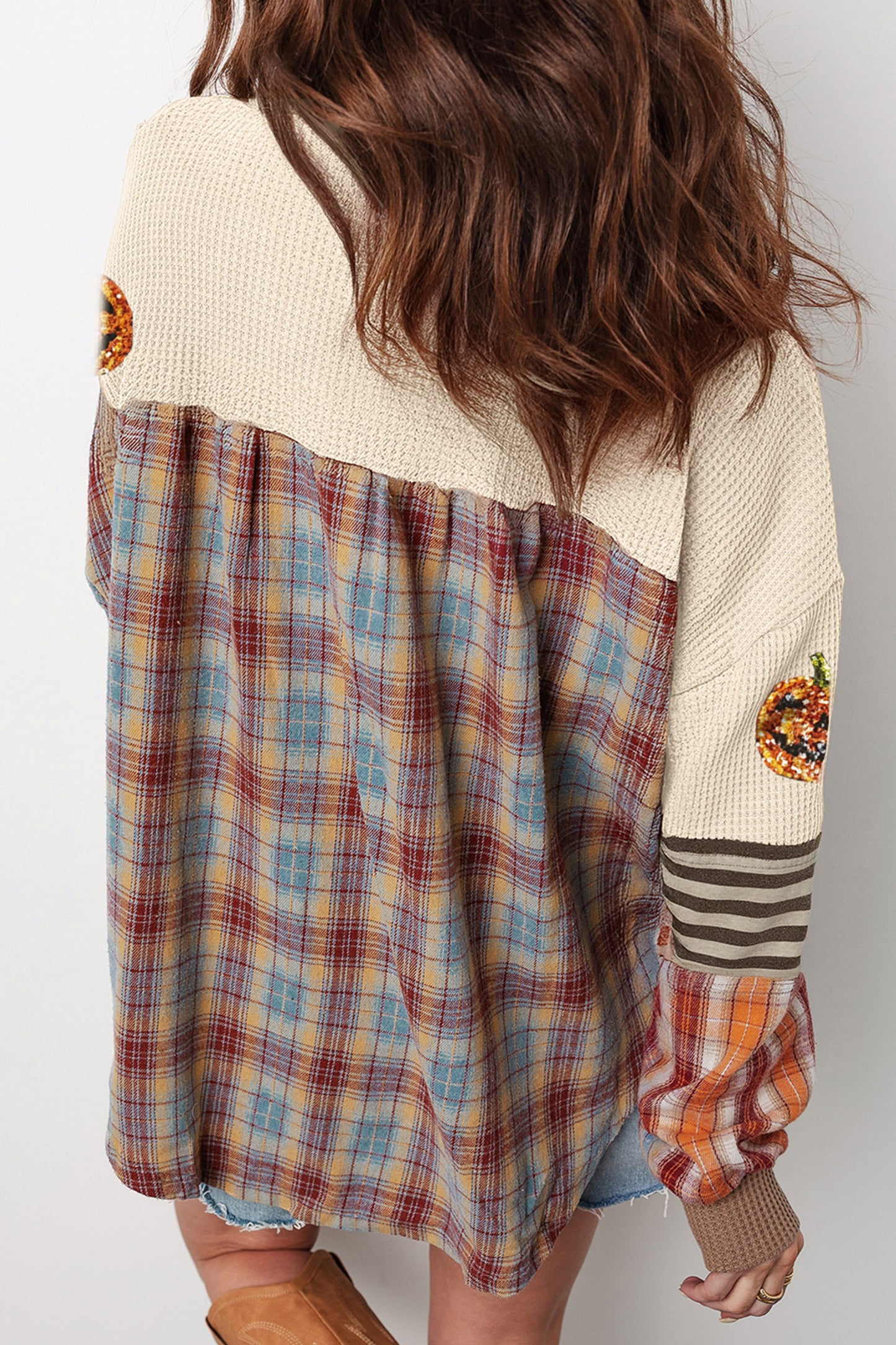 Beige Sequined Pumpkin Face Patched Henley Waffle Top