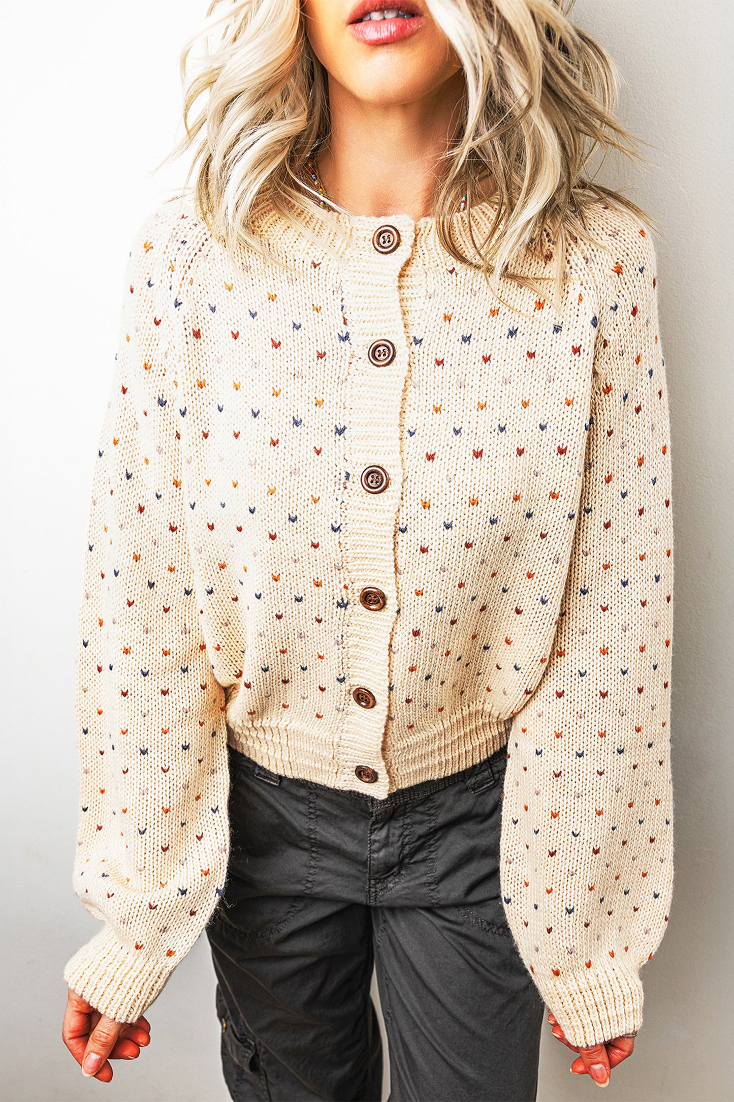 Beige Geometric Print Button Front Long Sleeve Regular Fit Cardigan