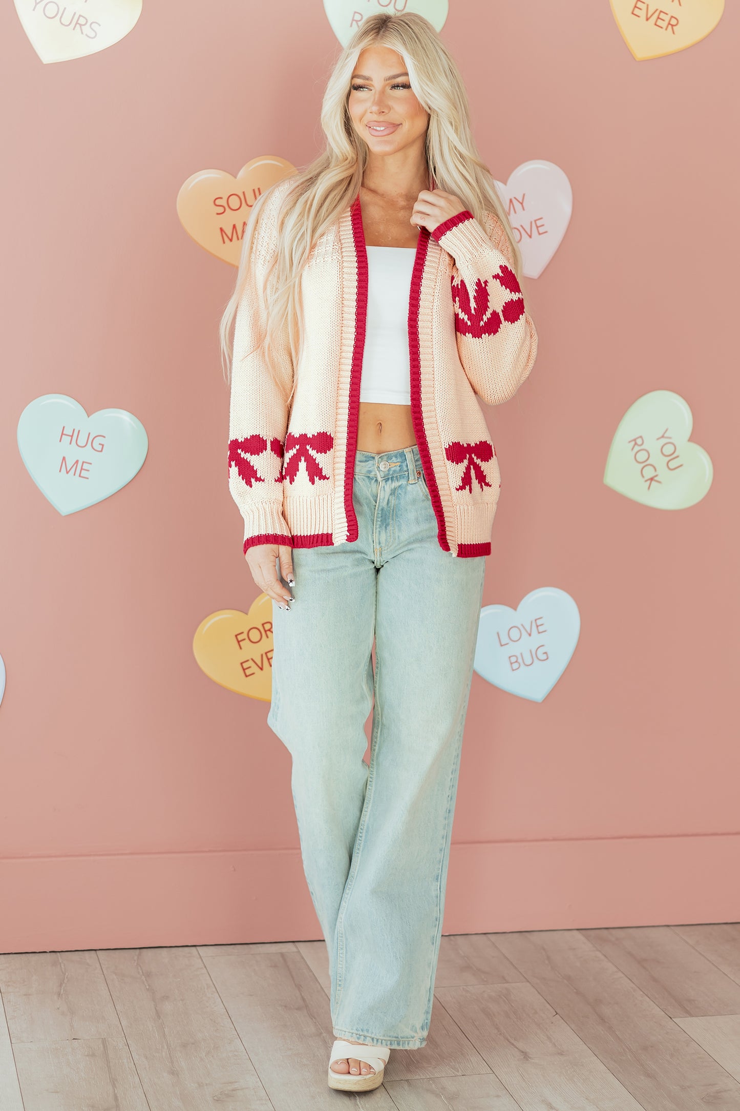 Apricot Bow Pattern Textured Open Front Baggy Cardigan