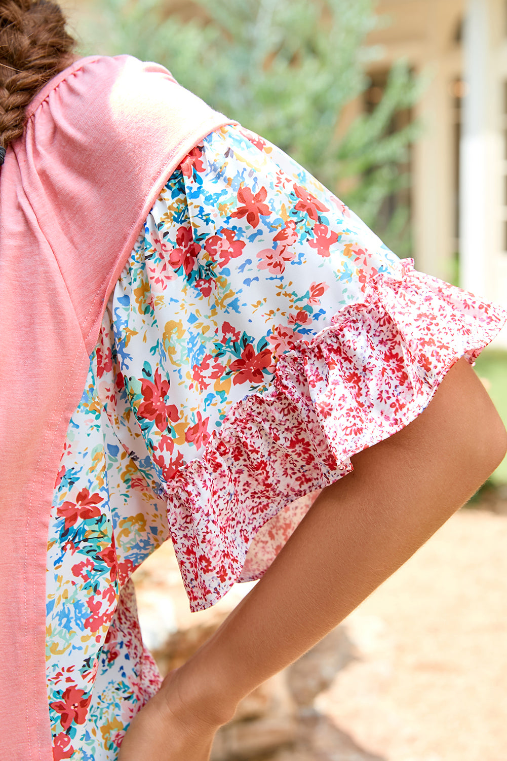 Plus Size Pink Floral Patchwork Ruffled Short Sleeve Blouse