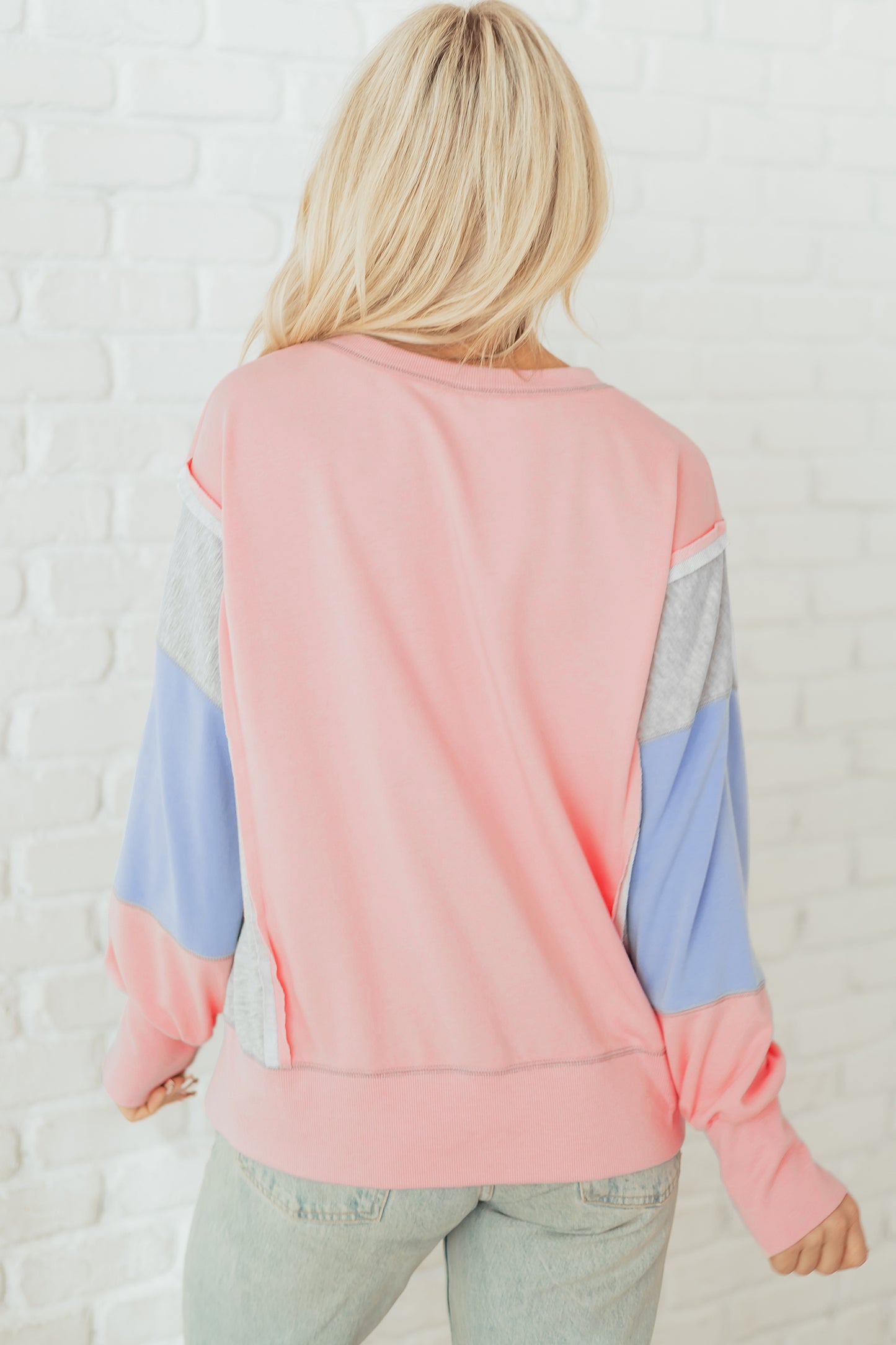 Apricot Pink Exposed Seam Color Block Patchwork Slit Cuffs Oversize Sweatshirt