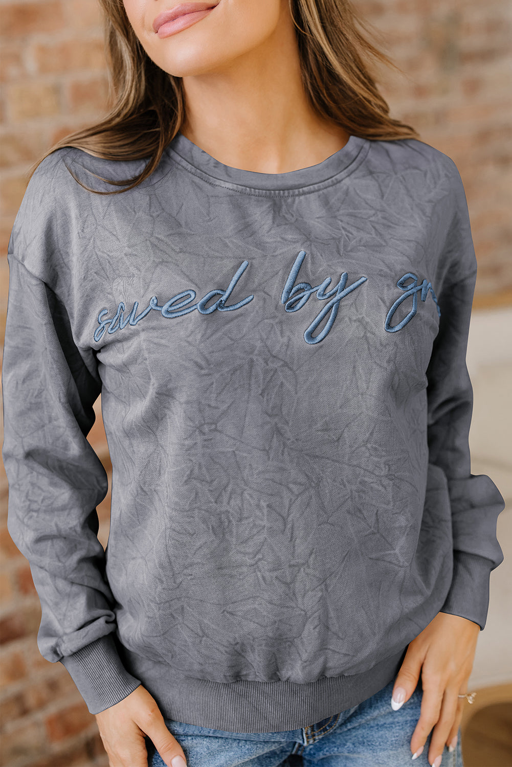 Saved by grace Letter Embroidery Mineral Wash Loose Sweatshirt