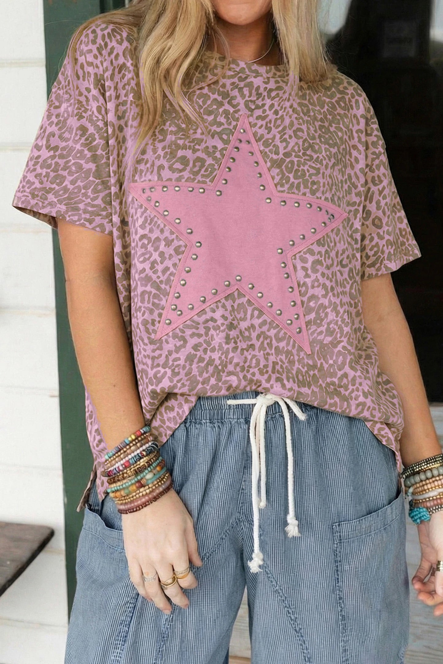Khaki Leopard Retro Studded Star Patch Loose Tee