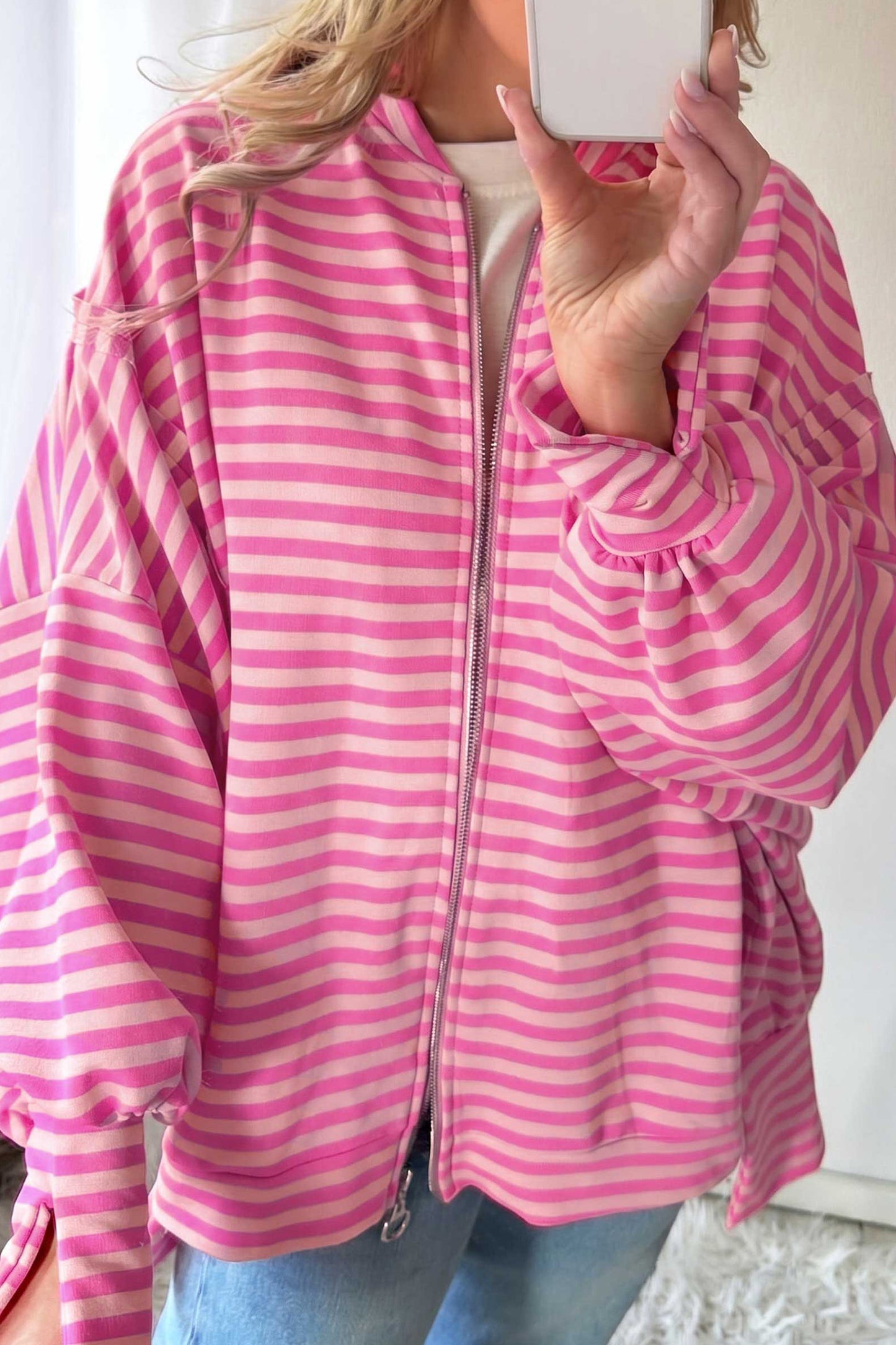 Pink Stripe Zip-up Puff Sleeve Zip Jacket Sweatshirt