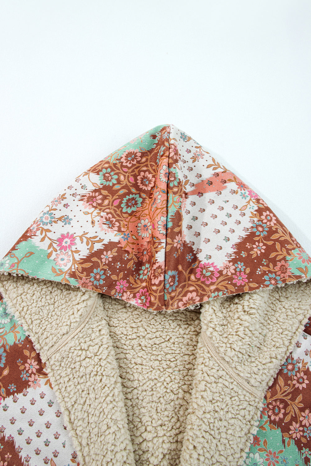 Beige Vintage Paisley Floral Printed Sherpa Lined Hooded Jacket