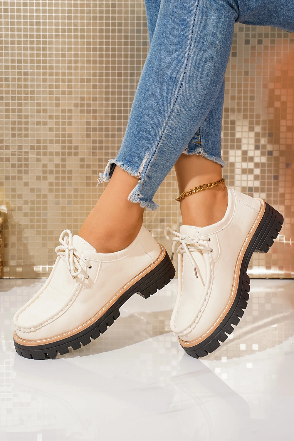 White PU Leather Lace-up Detail Contrast Lug Sole Shoes