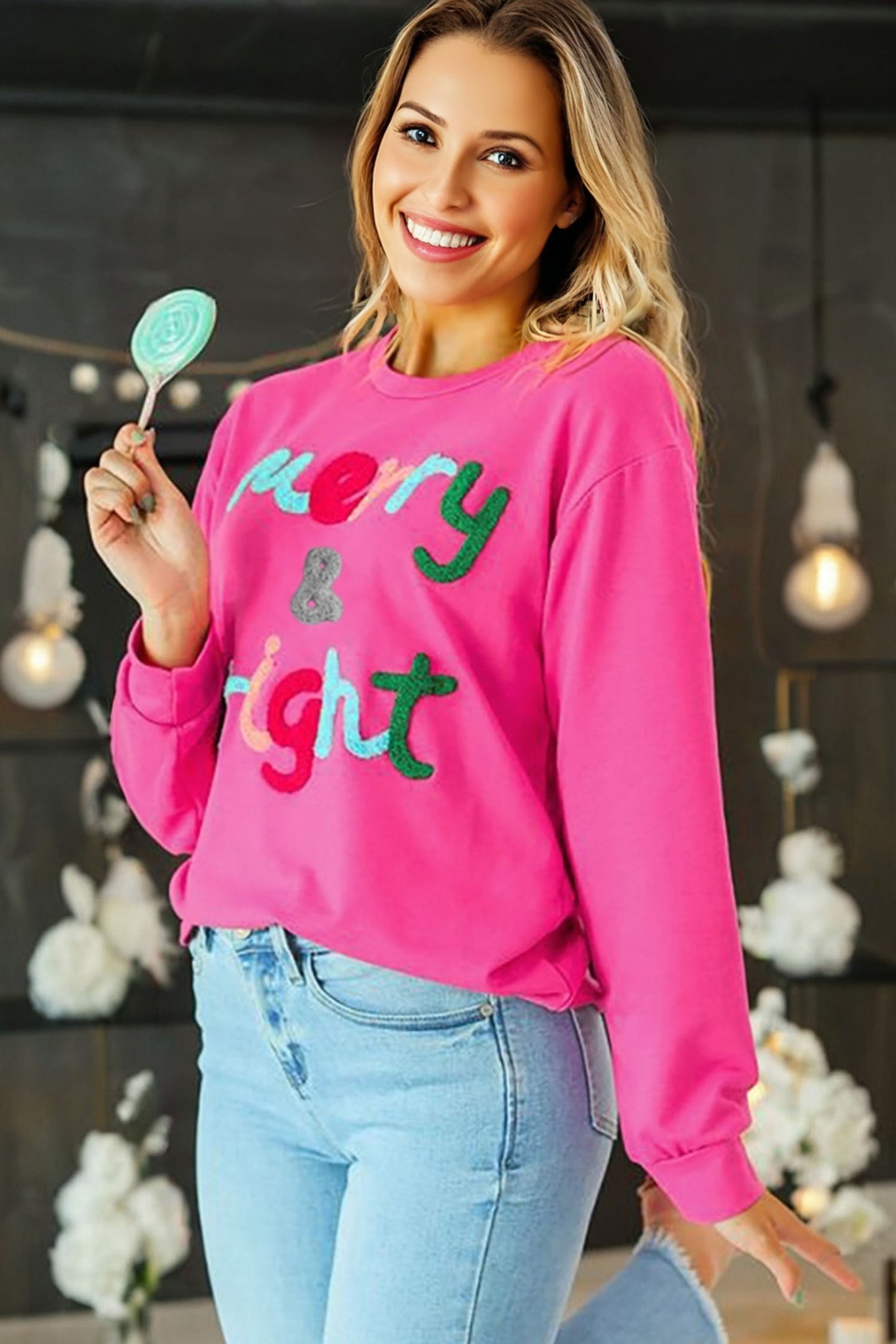 Rose Red Merry & Bright Christmas Letter Graphic Sweatshirt