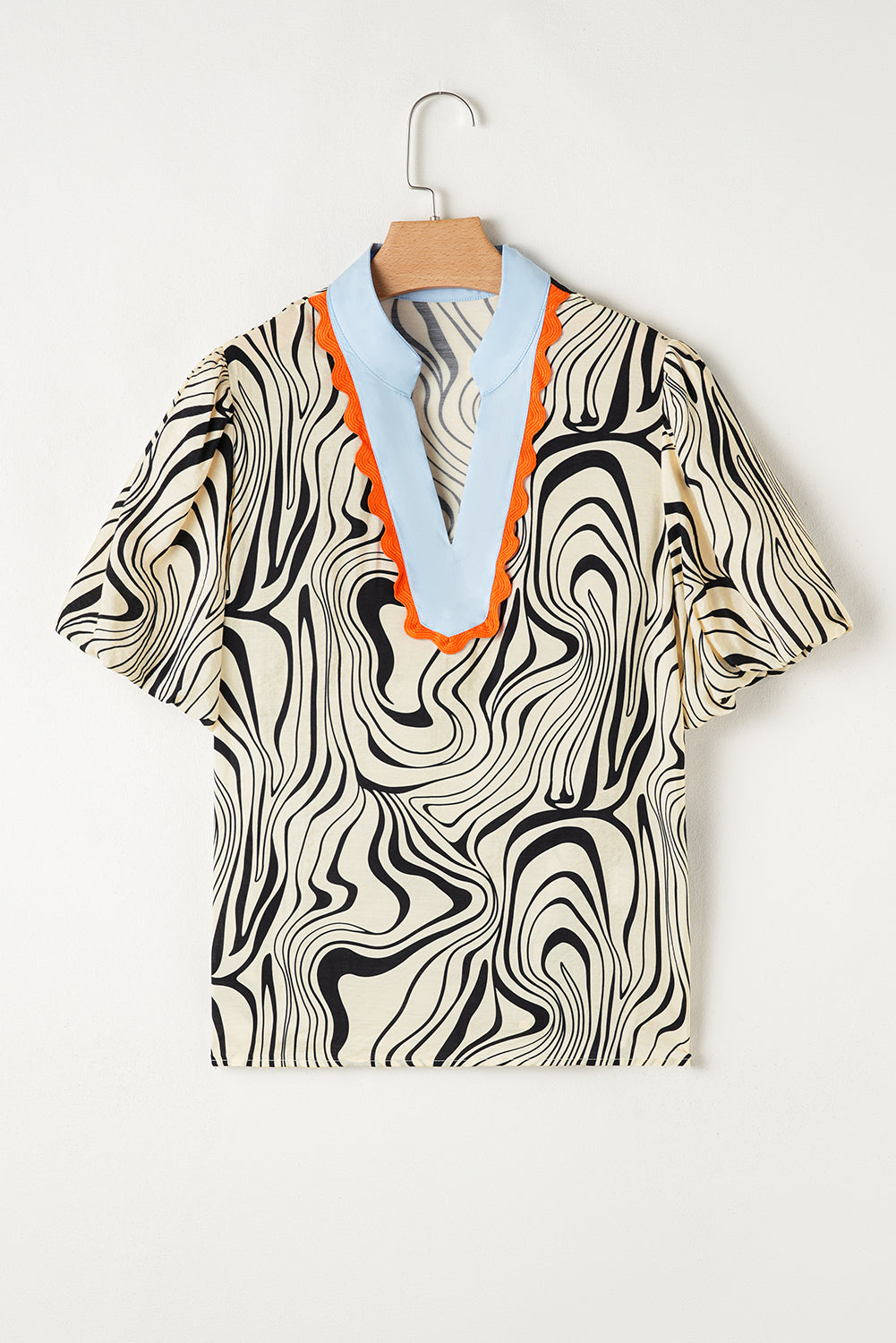 White Zebra Stripe Print Contrast V-Neck Ricrac Detail Short Sleeve Blouse Top