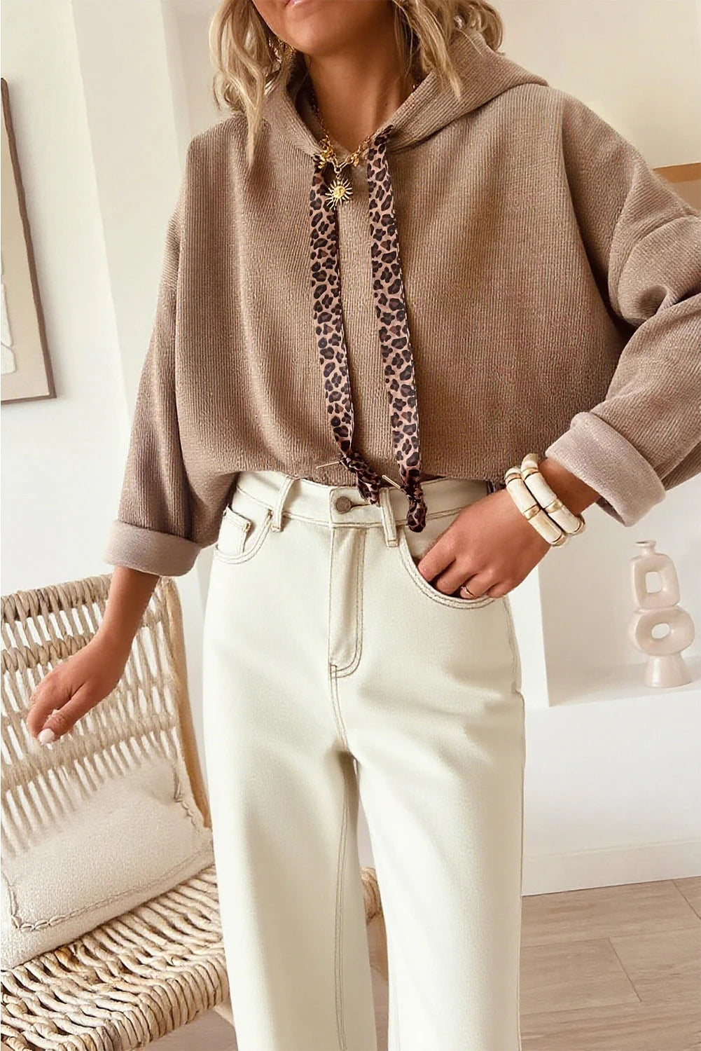 Rose Tan Thermal Textured Lace Drawstring Baggy Hoodie