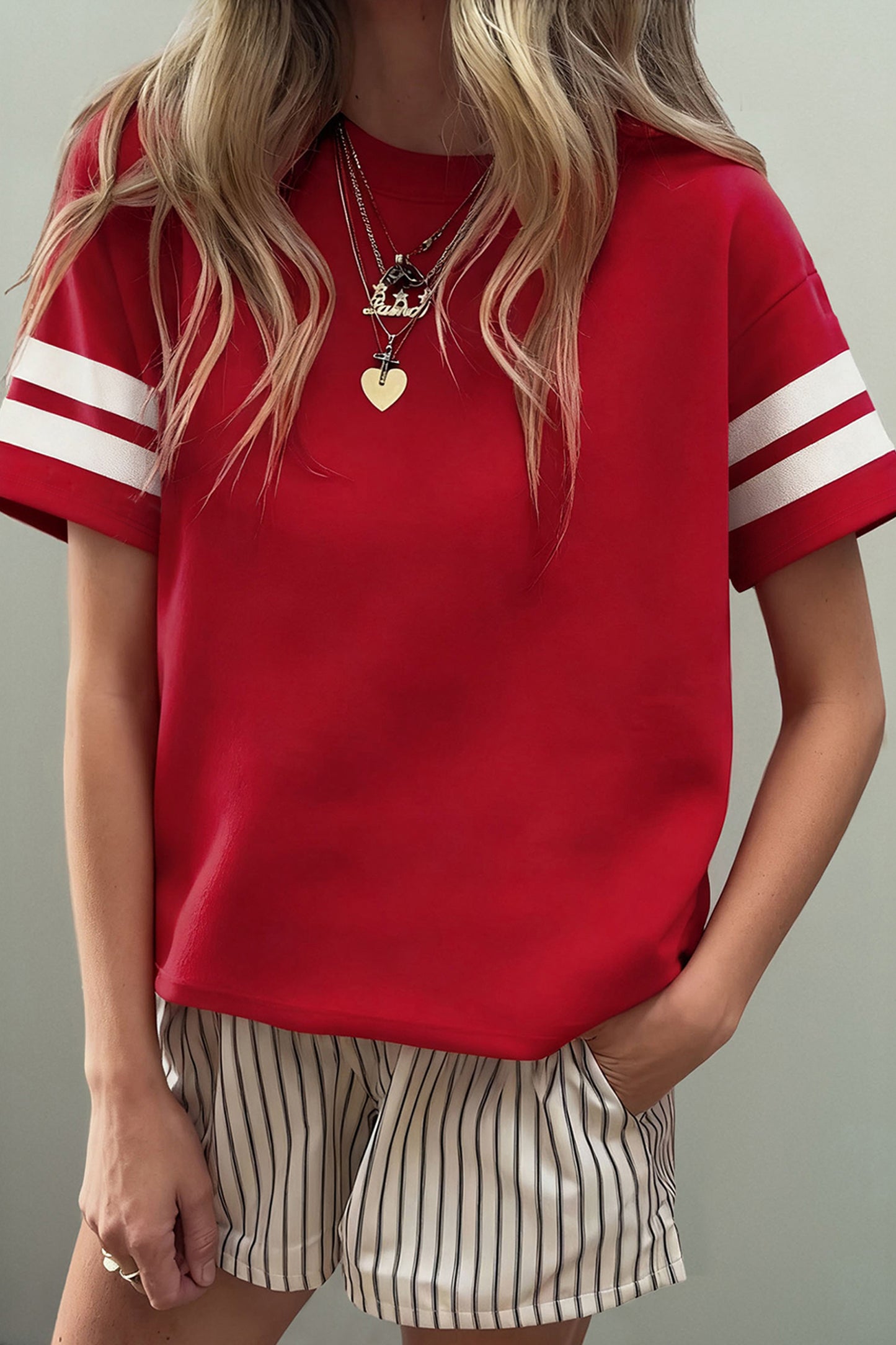 Fiery Red Varsity Striped Short Sleeve Crew Neck T Shirt