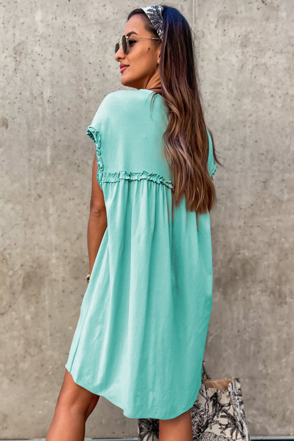 Oatmeal Frilled Trim Crew Neck Loose Fit Mini Dress