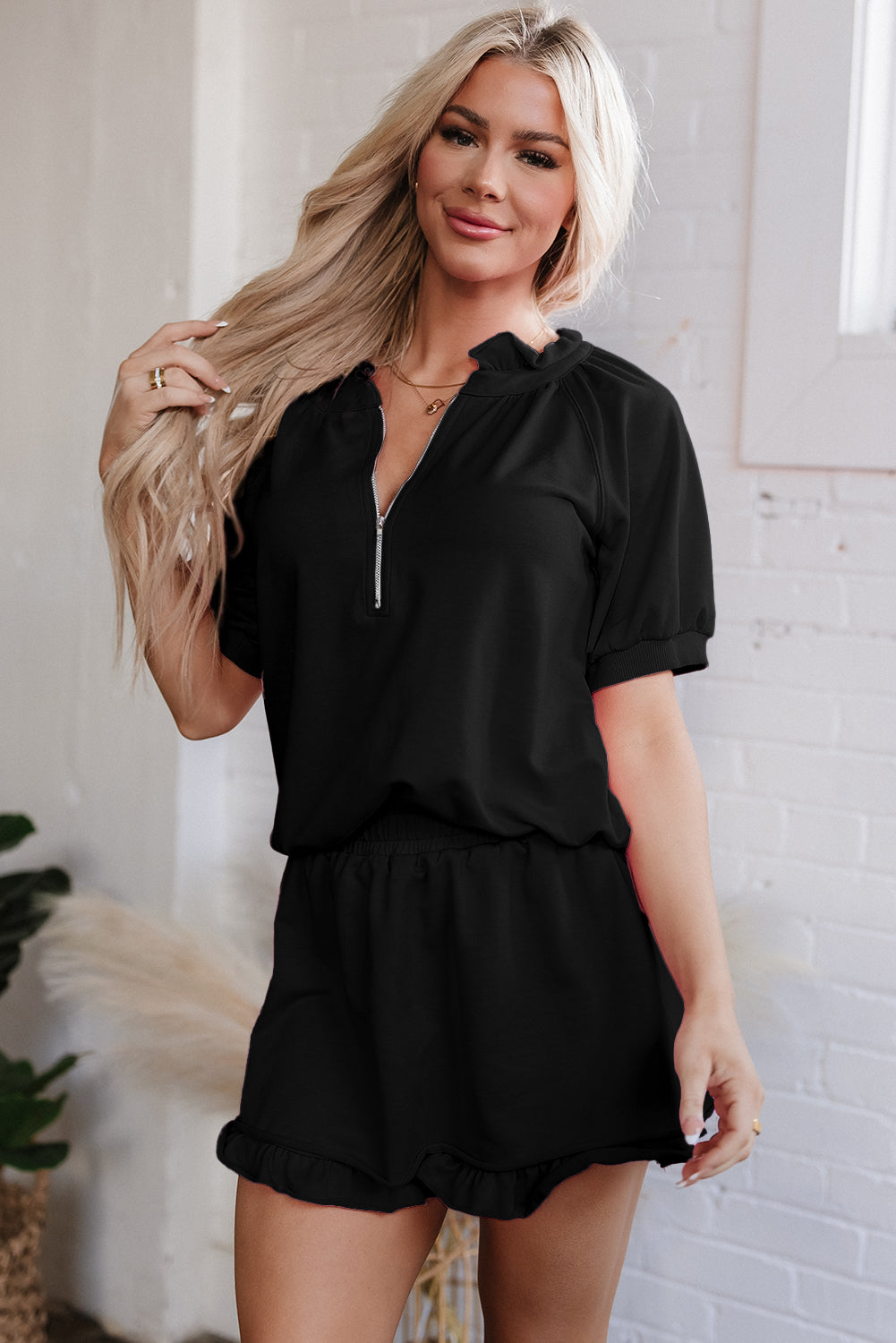 Sea Green Half Zip Puff Sleeve Top and Ruffled Shorts Set