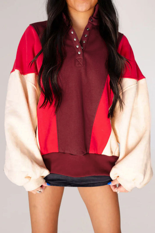 Fiery Red Color Block Patchwork Snap Button Oversize Hoodie