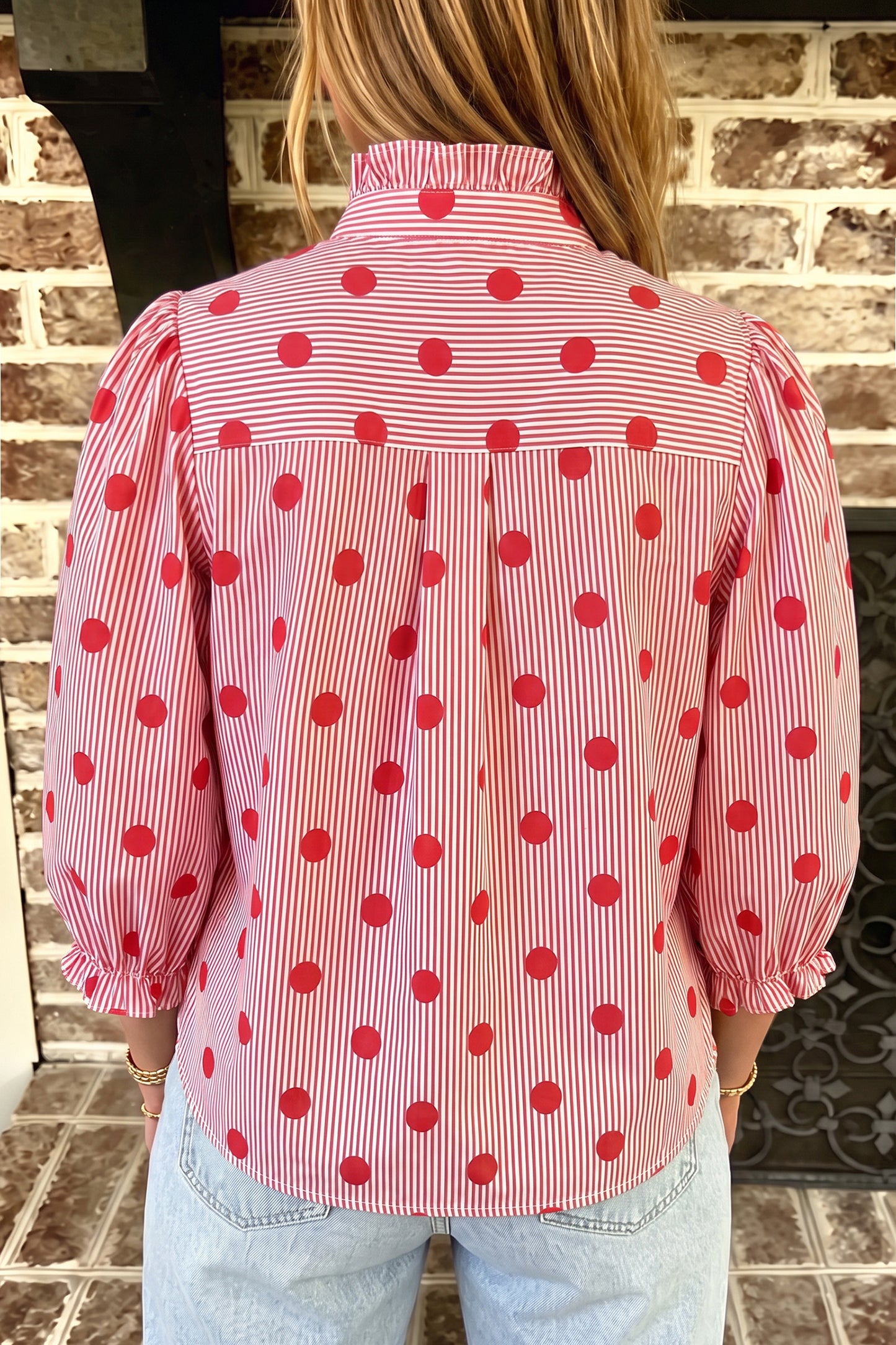 Black white Polka Dot Striped Print Ruffle Stand Neck 3/4 Sleeve Shift Shirt