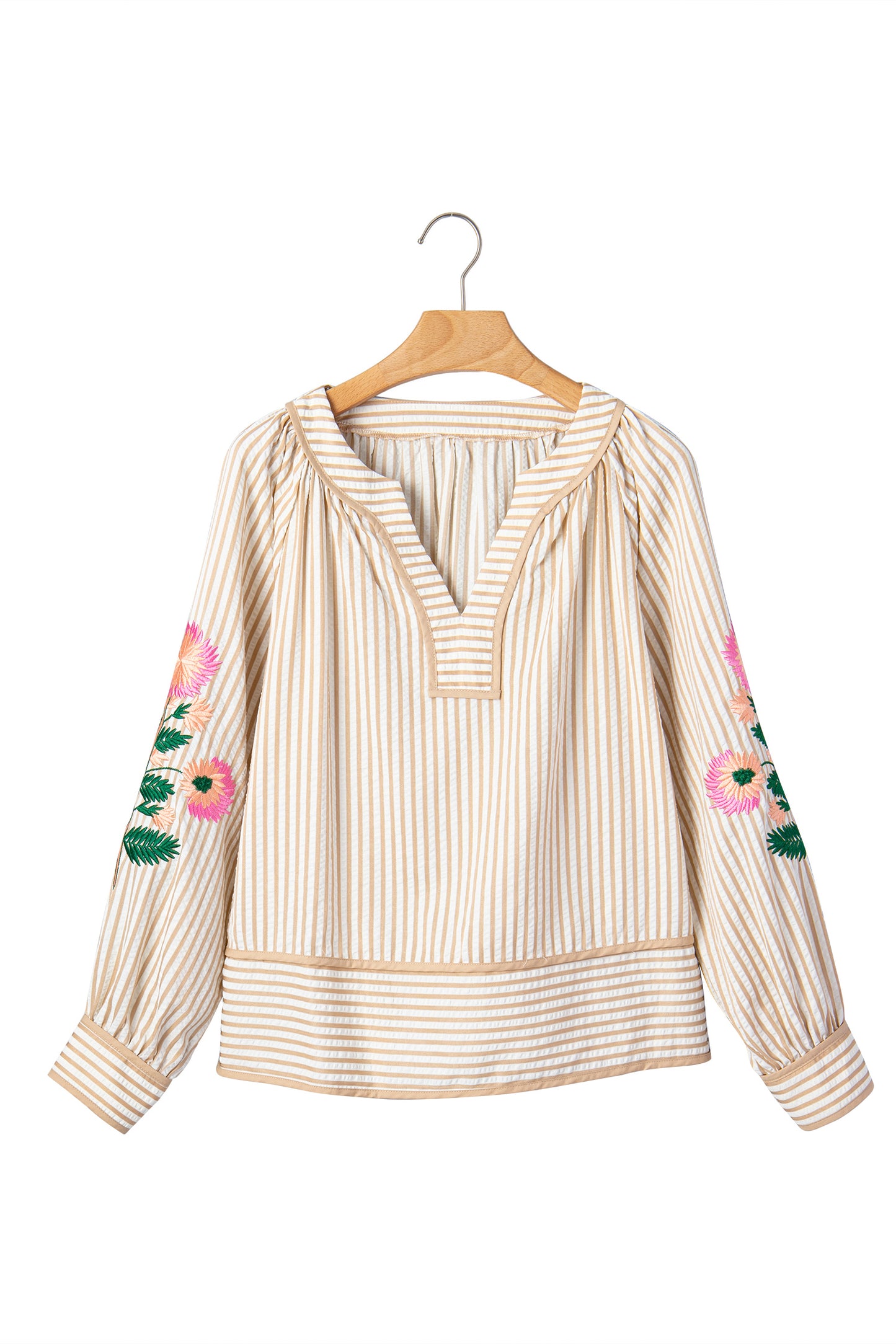 Khaki Stripe V Neck Floral Embroidered Long Sleeve Blouse