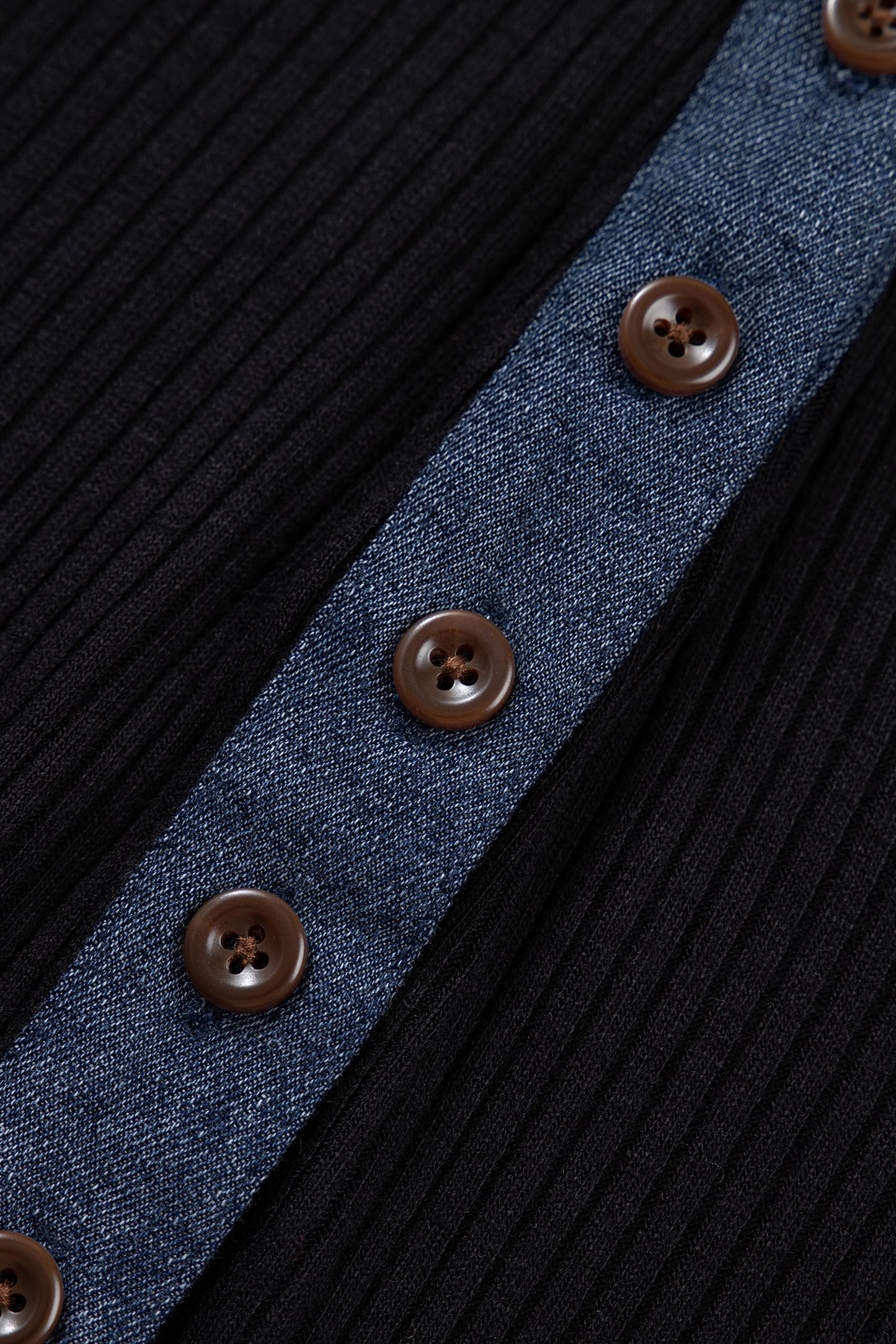 Black Ribbed Knit Contrast Denim Patchwork Hooded Long Sleeve Top