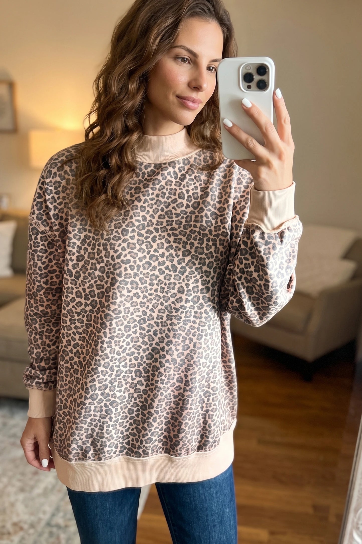 Multicolour Leopard Print High Neck Long Sleeve Ribbed Cuffs Hem Sweatshirt