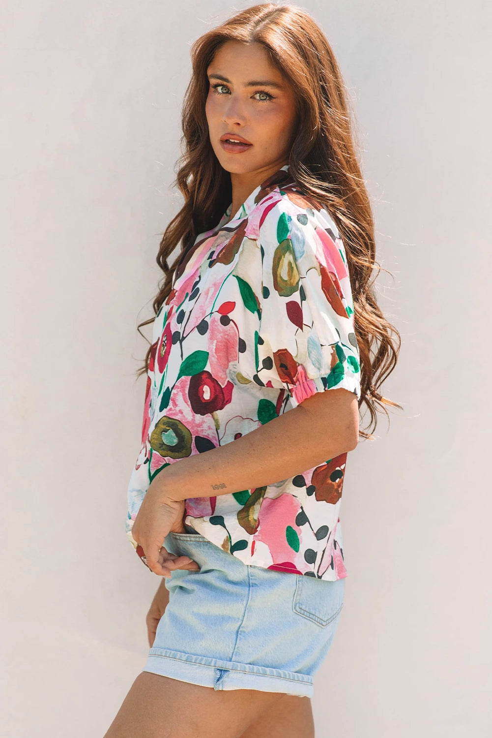Floral Print Slit V Neck Short Sleeve Blouse