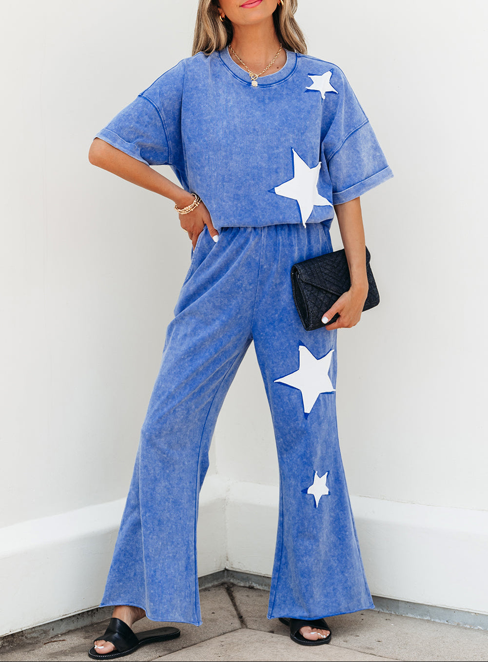 Ashleigh Blue Acid Wash Star Patched Rolled Trim Pants Set